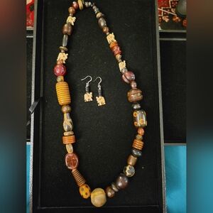 Handcrafted Beaded Necklace and Earrings Set - Brown and Black